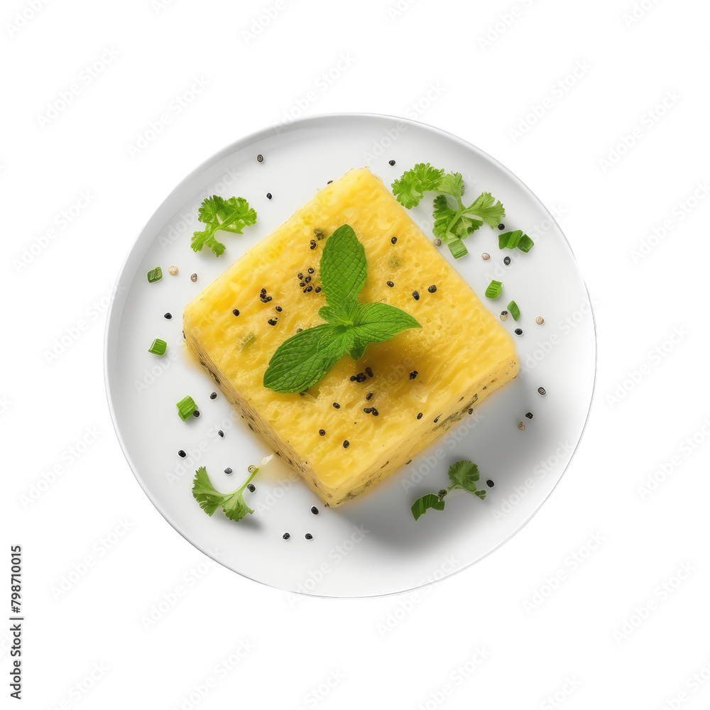 Slice of Dhokla with Mint: Tempting Gujarati Snack from Top View Slice of Dhokla with Mint: Tempting Gujarati Snack from Top View