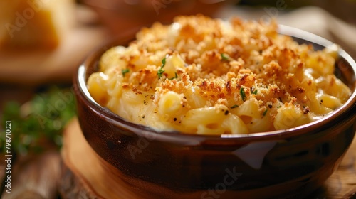 A comforting bowl of creamy macaroni and cheese, bubbling with melted cheddar and topped with crispy