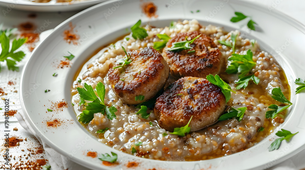 Studio photograph of buckwheat porridge served with cutlets on a white plate Studio photograph of buckwheat porridge served with cutlets on a white plate