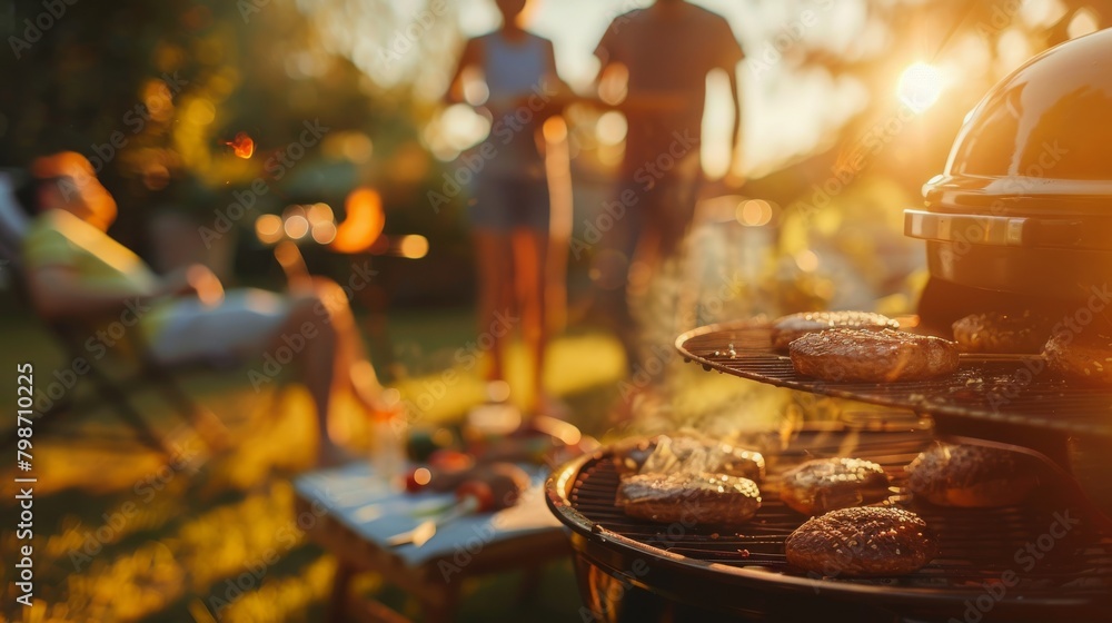 A happy family enjoying a barbecue in the backyard, with a blurred background of a sunny garden and A happy family enjoying a barbecue in the backyard, with a blurred background of a sunny garden and