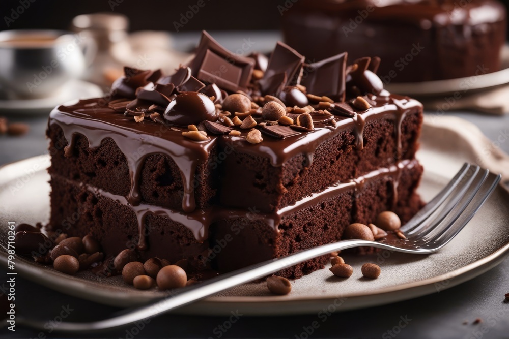 Obraz premium 'chocolate cake sweet dessert food icing closeup texture slice piece creamy baked'
