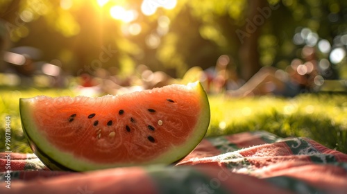 A juicy watermelon slice, with a blurred background of sun-drenched picnic blankets and laughter-fil