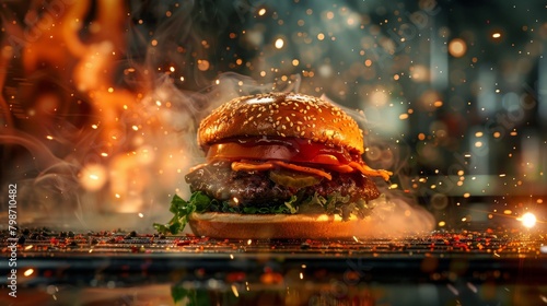 A mouthwatering burger, with a blurred background of sizzling grills and bustling kitchen activity -