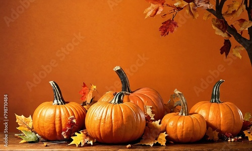 Thanksgiving Celebration - Pumpkins On Rustic Table With Corncobs Apples And Ears Wheat photo