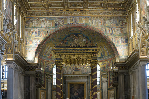 The baldacchino, mosaics of triumphal arch and the apse in the Basilica of Saint Mary Major (Santa Maria Maggiore). Rome, Italy photo