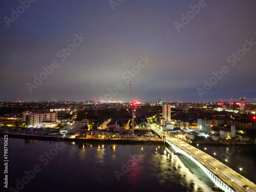 Aerial Night View of Central Wandsworth London City of England England at River Thames, UK. April 24th, 2024