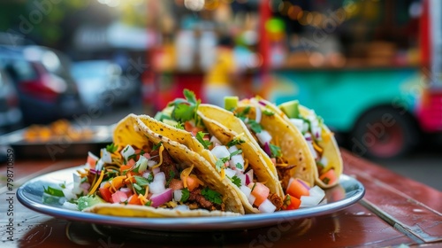 A plate of vibrant tacos, with a blurred background of bustling food trucks and lively street market