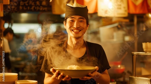 A smiling man holding a bowl of steaming ramen, with a blurred background of a bustling noodle shop  photo