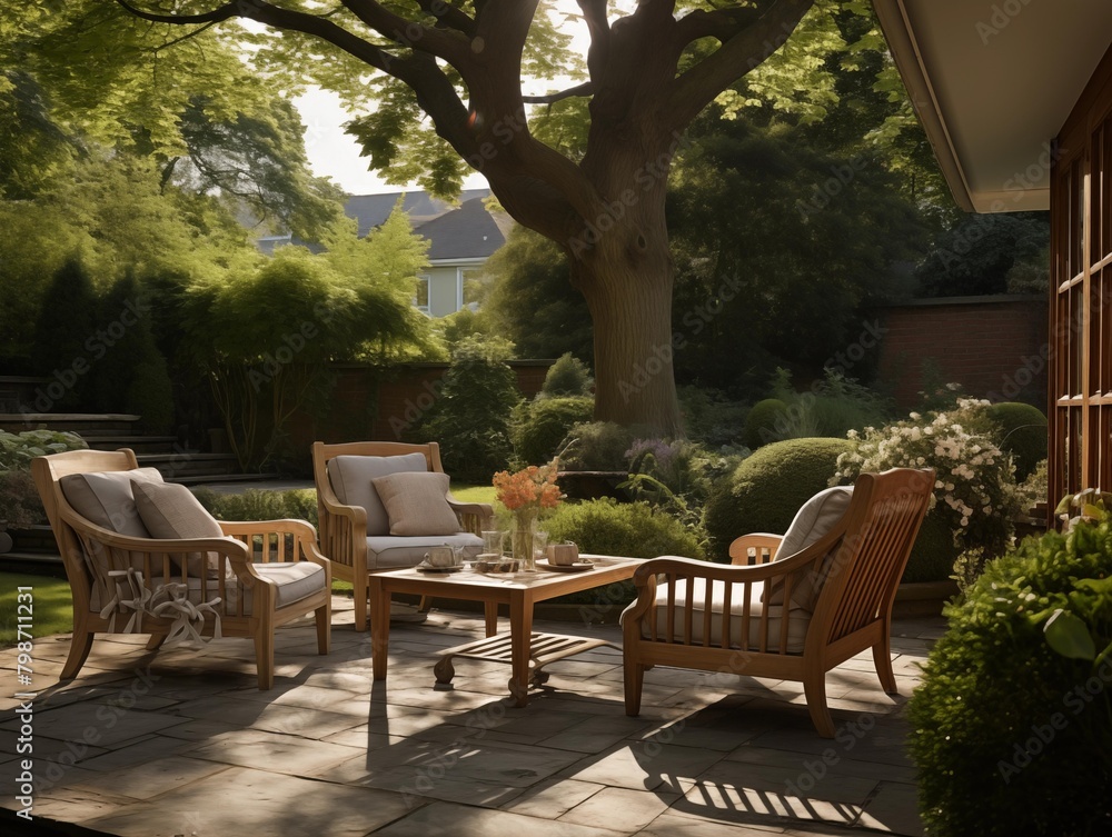 Friends Enjoying a Sunny Morning Tea in a Serene Garden