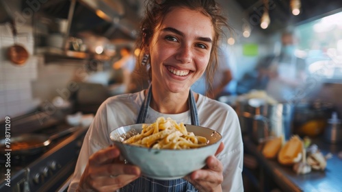 A smiling woman holding a bowl of creamy pasta  with a blurred background of a bustling kitchen and  