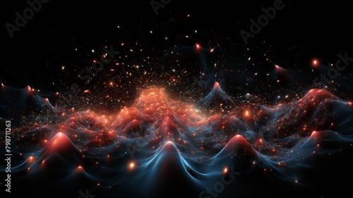 Abstract digital landscape with glowing particles and waves in cosmic environment