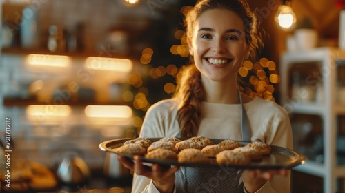 A smiling woman holding a tray of freshly baked cookies, with a blurred background of a cozy kitchen