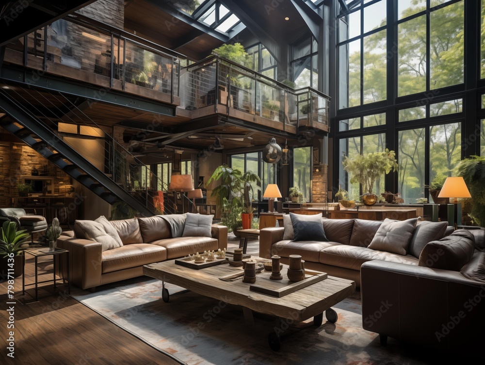 Guests Enjoying a Modern Lounge in a Forest Retreat at Dusk Guests Enjoying a Modern Lounge in a Forest Retreat at Dusk