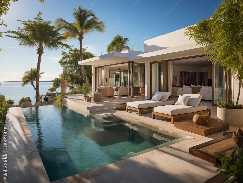 Fototapeta premium Guests Enjoying a Luxurious Villa Poolside Retreat at Dusk in the Tropics
