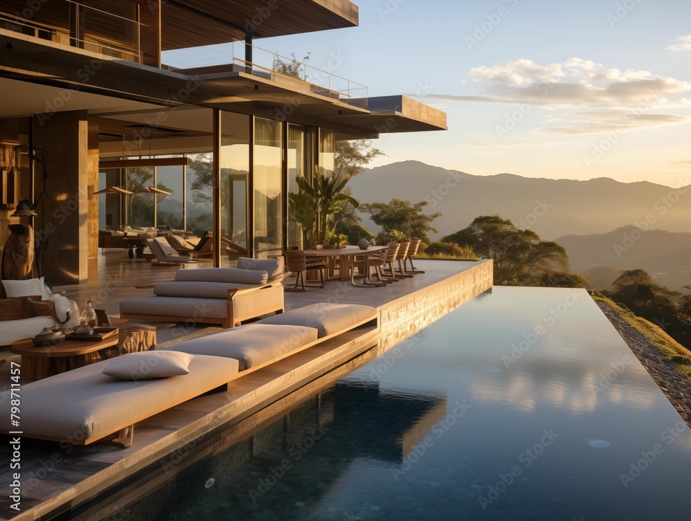 Fototapeta premium Guests Enjoying Sunset at a Mountain-Top Infinity Pool