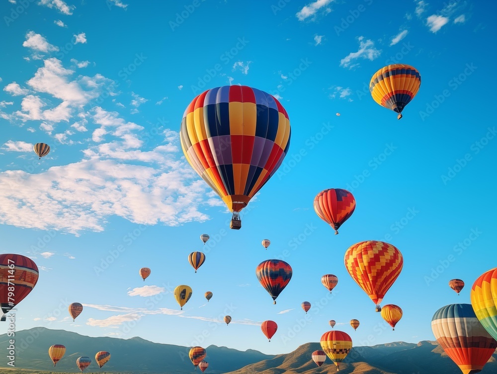 Hot Air Balloons Ascend at Sunrise in a Mountainous Region
