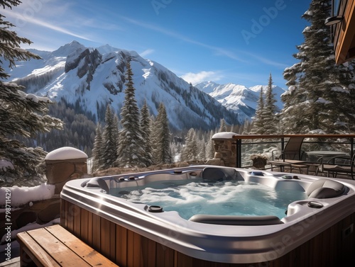 Guests Enjoying a Mountain Hot Tub on a Sunny Winter Day