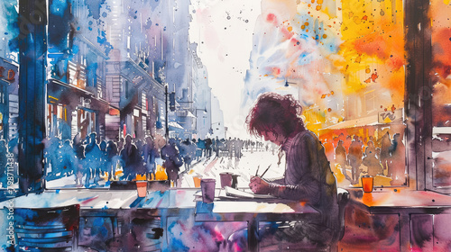 A watercolor painting of a person sitting at a cafe table, writing in a journal. The cafe is located in a busy city, and there are people walking by outside the window.