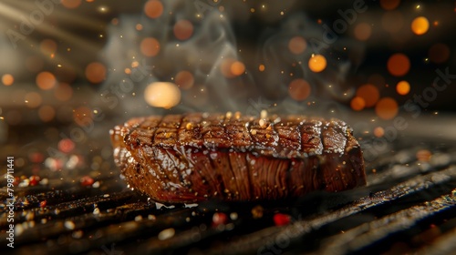 A succulent steak cooked to perfection, with a blurred background of sizzling grill marks and smoky  photo