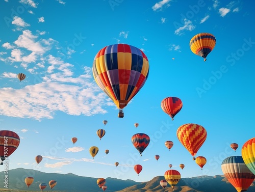 Hot Air Balloons Ascend at Sunrise in a Mountainous Region