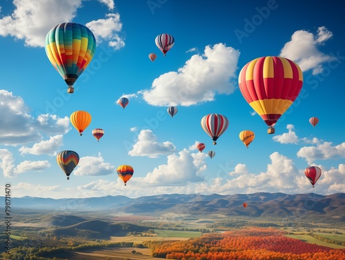 Hot Air Balloons Soar Over Autumn Hills at Sunset