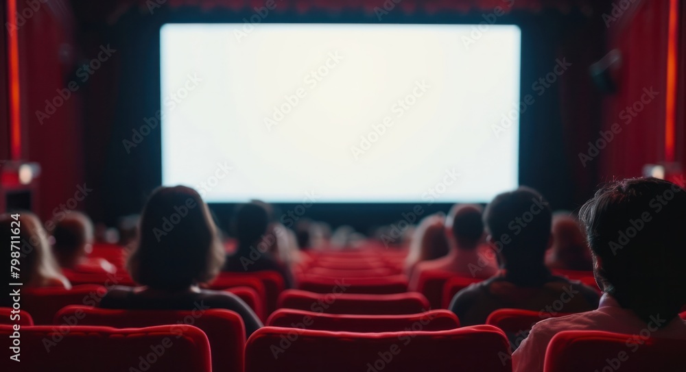Cinema blank wide screen and people in red chairs in the cinema hall. Cinema blank wide screen and people in red chairs in the cinema hall.