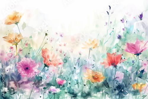 A watercolor flower field, softly depicting colorful flowers swaying in the wind