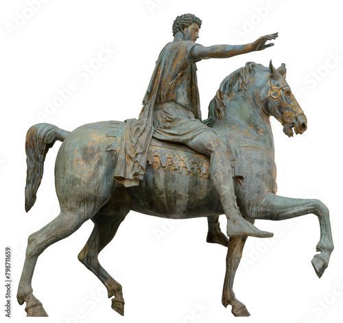 The Equestrian Statue of Marcus Aurelius. Ancient Roman bronze equestrian statue on the Capitoline Hill, Rome, Italy. © dimamoroz