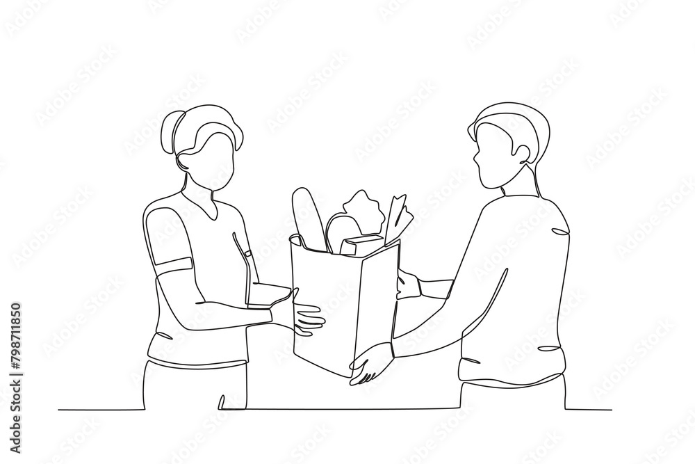 Single continuous line drawing of Neighbors sharing food. Having small talk, concept one line draw graphic design vector illustration.
