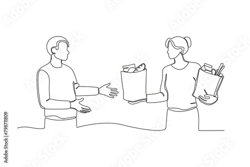 Single continuous line drawing of Neighbors sharing food. Having small talk, concept one line draw graphic design vector illustration.
