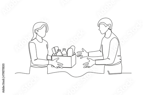 Single continuous line drawing of Neighbors sharing food. Having small talk, concept one line draw graphic design vector illustration.
