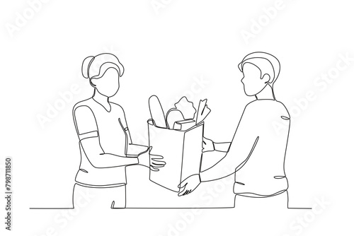 Single continuous line drawing of Neighbors sharing food. Having small talk  concept one line draw graphic design vector illustration. 