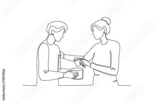 Single continuous line drawing of Neighbors who give alms. Having small talk, concept one line draw graphic design vector illustration.
