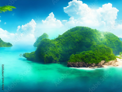  island with tropical forest, green forest, blue sky with white cloud, real life heavenly scene, photorealistic island with magical sea, lake, waterfall, island in the deep sea. Generative Ai.