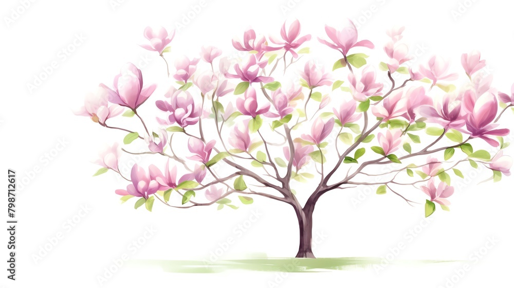 A watercolor painting of a magnolia tree in full bloom against a white background. A watercolor painting of a magnolia tree in full bloom against a white background.