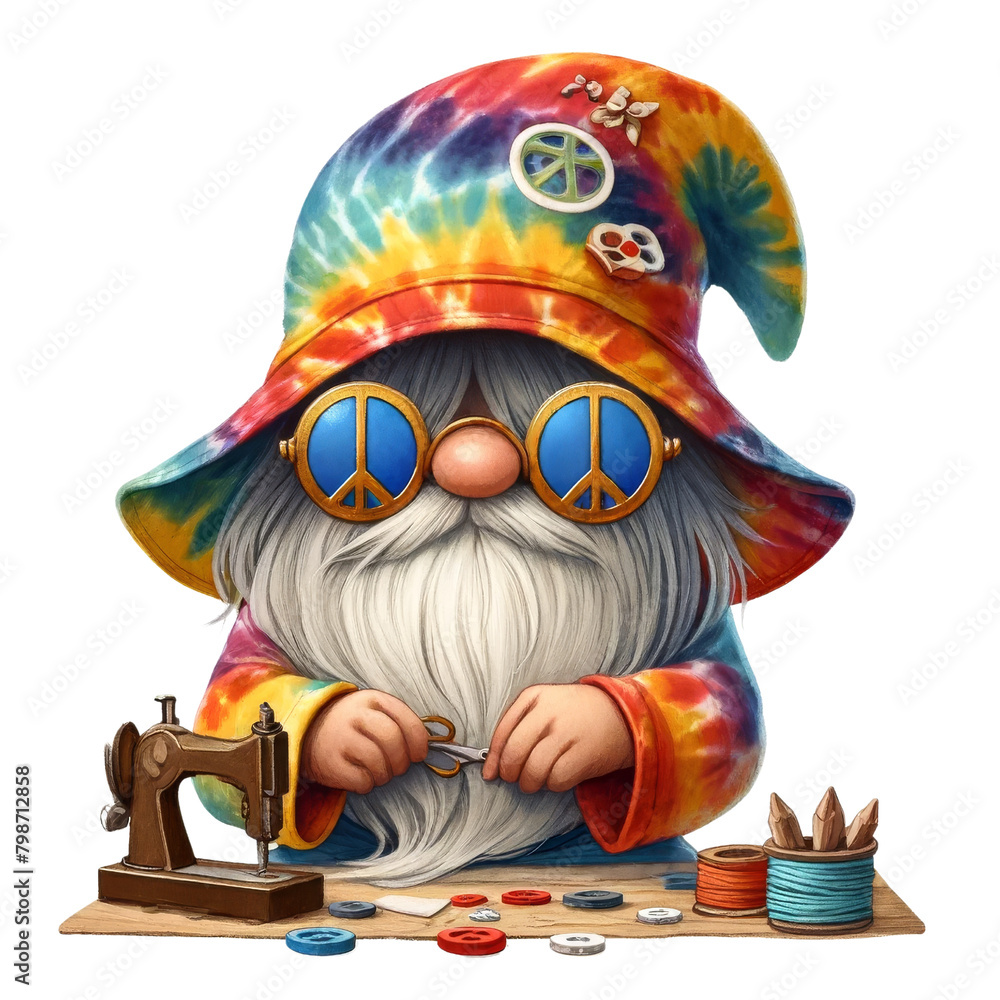 A whimsical gnome in a hippie-style tie-dye outfit and peace sunglasses, with long hair obscuring the face except for the nose and mouth, now crafting. The gnome's large hat completely covers the eyes