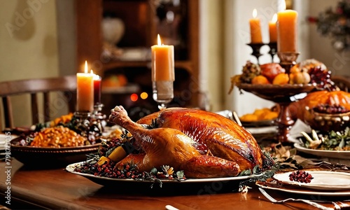 Thanksgiving dinner. Roasted turkey garnished with cranberries on a rustic style table decoraded with pumpkins, vegetables, pie, flowers and candles photo