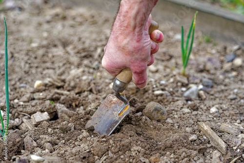 High angle view of small shovel gardening tool with male hand at vegetable bed of home garden at Swiss City of Zürich on a cloudy spring morning. Photo taken April 28th, 2024, Zurich, Switzerland.