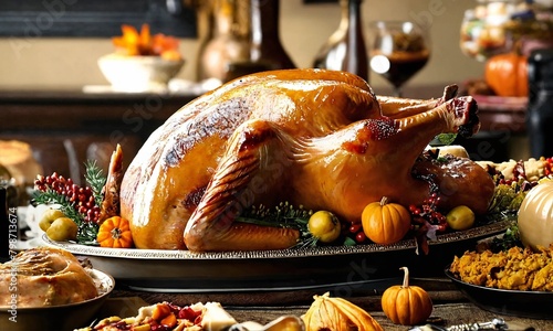 Thanksgiving dinner. Roasted turkey garnished with cranberries on a rustic style table decoraded with pumpkins, vegetables, pie, flowers and candles photo