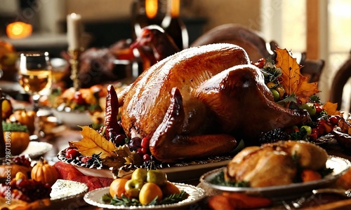 Thanksgiving dinner. Roasted turkey garnished with cranberries on a rustic style table decoraded with pumpkins, vegetables, pie, flowers and candles photo