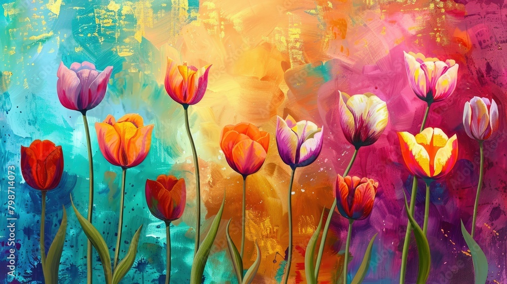 Obraz premium Vibrant tulips blooming against a colorful backdrop