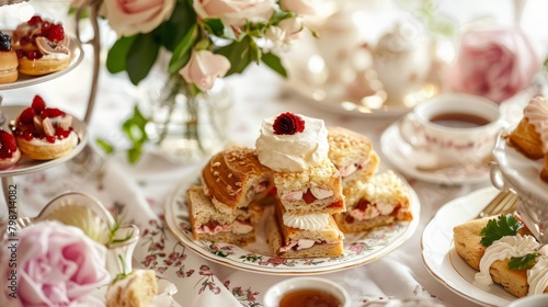 Closeup shot of a classic British high tea setup featuring an assortment of delicate finger sandwiches, scones with clotted cream and jam, and a selection of fine teas The table is covered in a white