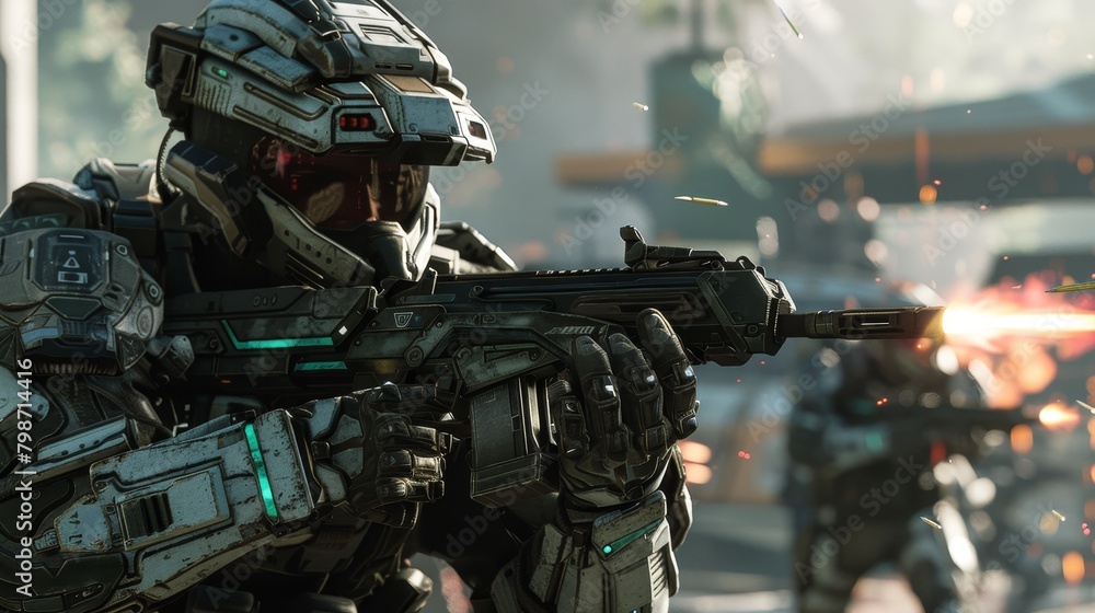 Firstperson shooter game action, hightech scifi interface, hyperdetailed futuristic soldiers in combat, crisp visuals, noisefree environment Firstperson shooter game action, hightech scifi interface, hyperdetailed futuristic soldiers in combat, crisp visuals, noisefree environment