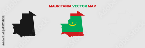 Mauritania Map Vector Pack. Map with Flag. Gray Map Silhouette. Gray Outline Map. Editable EPS file. 