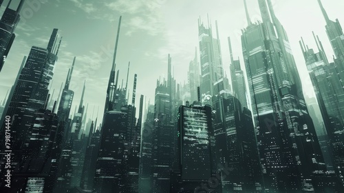 Futuristic cityscape with AI robots leading a rebellion, sharp details, high contrast, HD, no noise photo