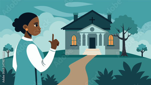 A tour guide standing in front of an old weathered plantation house pointing to a symbol of oppression while explaining the impact of slavery and the. Vector illustration