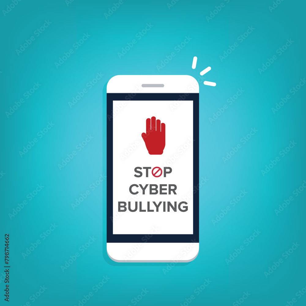 Stop Cyberbullying. Mobile phone with message to stop hurting the mind of others through social media. Vector illustration.	