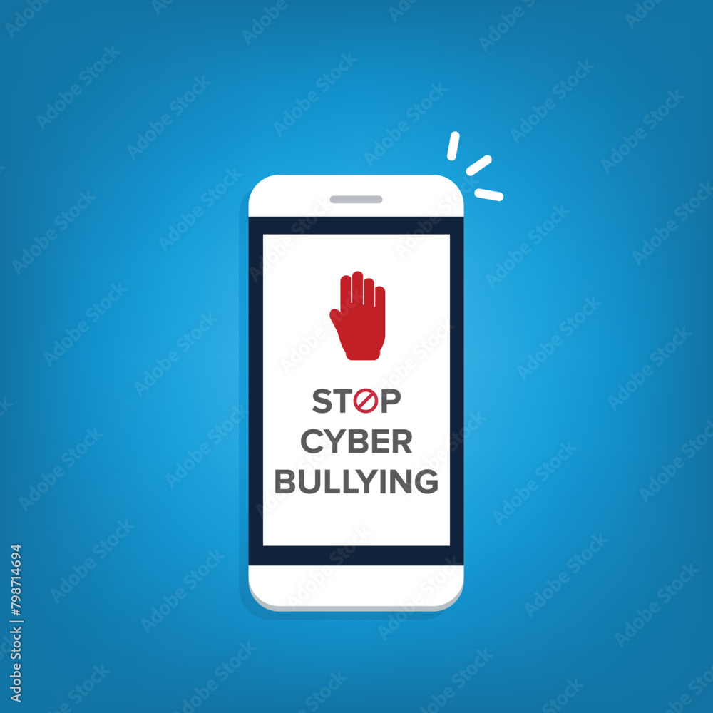 Stop Cyberbullying. Mobile phone with message to stop hurting the mind of others through social media. Vector illustration.	