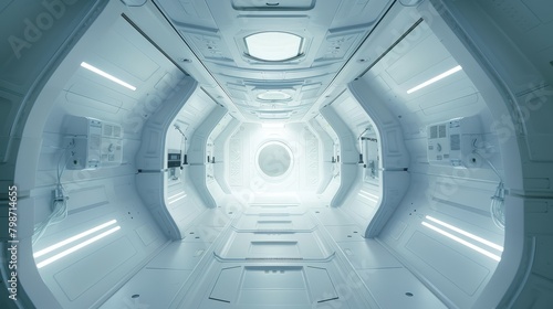 Overhead view of a cold sleep pod in a spacecraft, crisp white environment, highdetail scifi design, HD, no noise