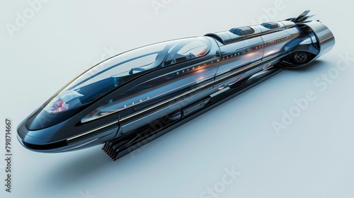 Overhead shot of a futuristic jetpowered rail system, streamlined design, white background, HD, no noise photo